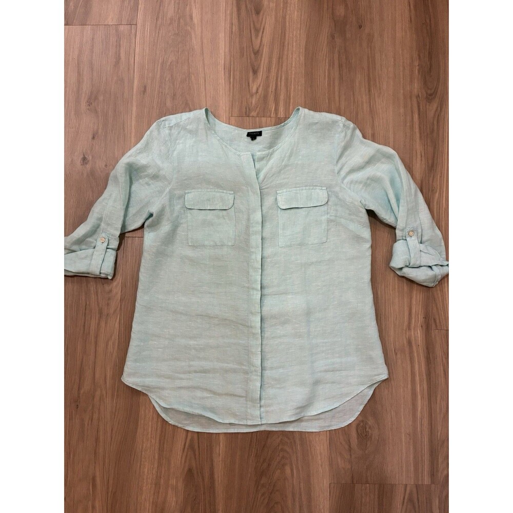 Talbots Linen Shirt Blouse Roll Tab Sleeve Button Up Pockets Aqua Collarless L - Picture 5 of 8
